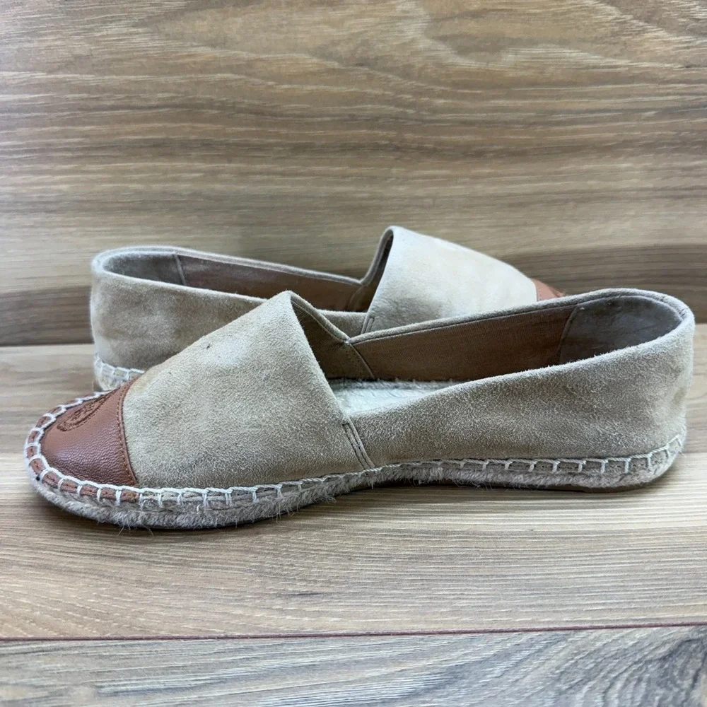 Tory Burch Espadrilles Flats 7 Tan Suede Cap Toe Slip On Vacation Resort Summer